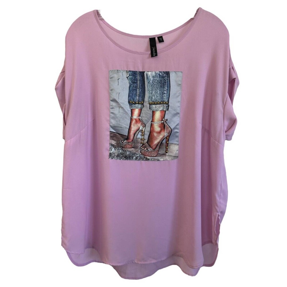 TRENDE Women's Graphic Blouse Glitter Sequin Shoes Detail Plus Size 1X Pink